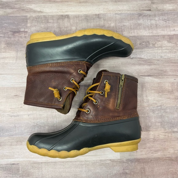 Sperry Topsider Womens 7m Brown Leather Duck Boots. Rain Boots. Side Zip. Rubber - Picture 2 of 14
